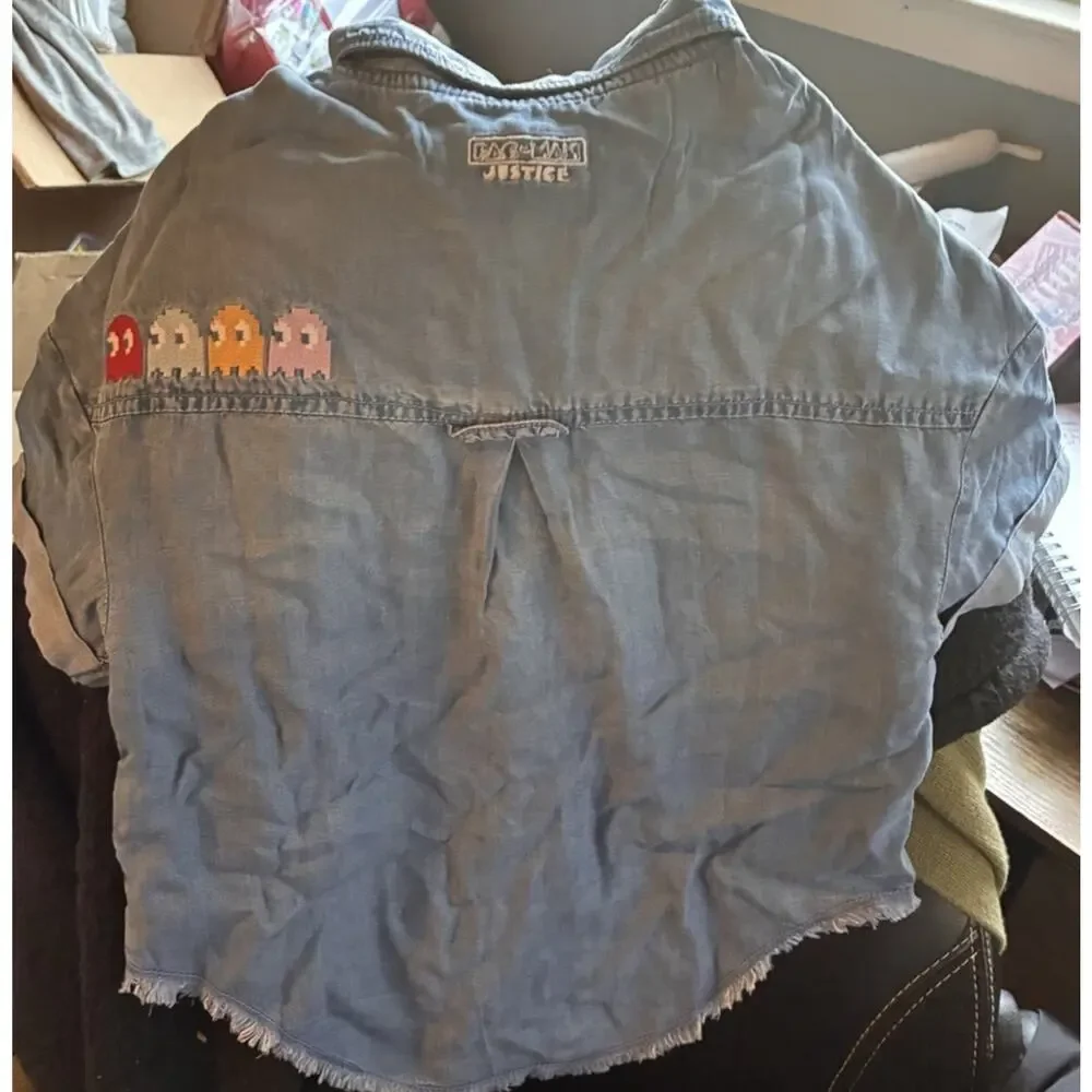 Justice Girls Pacman Denim Shirt Snap Closure Short Sleeve Size XS Blue